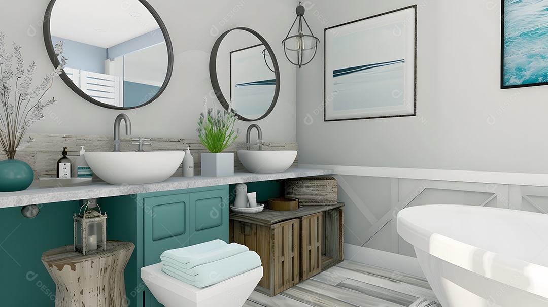 Banheiro moderno com tema costeiro, cores inspiradas no mar e decoração praiana