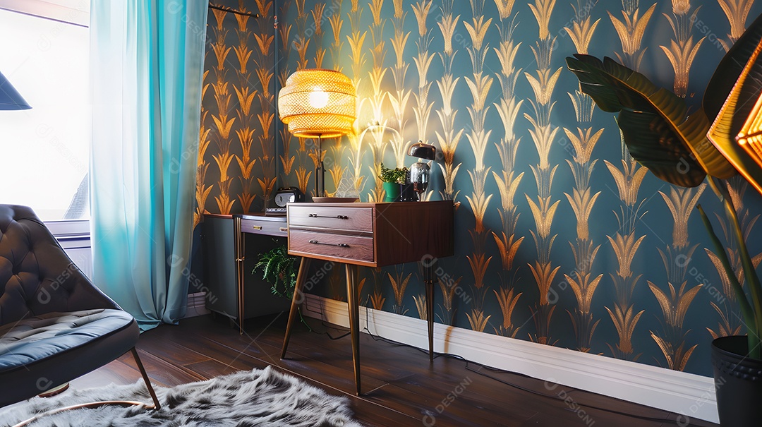 Espaço de escritório de inspiração retrô com mesa vintage e papel de parede moderno