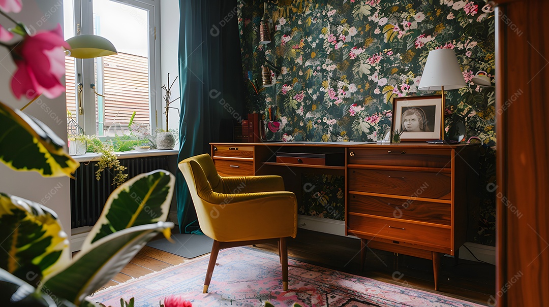 Espaço de escritório de inspiração retrô com mesa vintage e papel de parede moderno