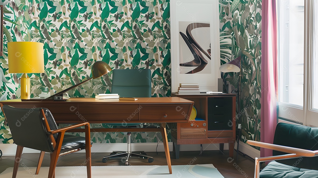 Espaço de escritório de inspiração retrô com mesa vintage e papel de parede moderno