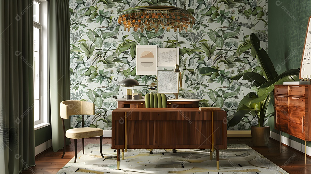 Espaço de escritório de inspiração retrô com mesa vintage e papel de parede moderno