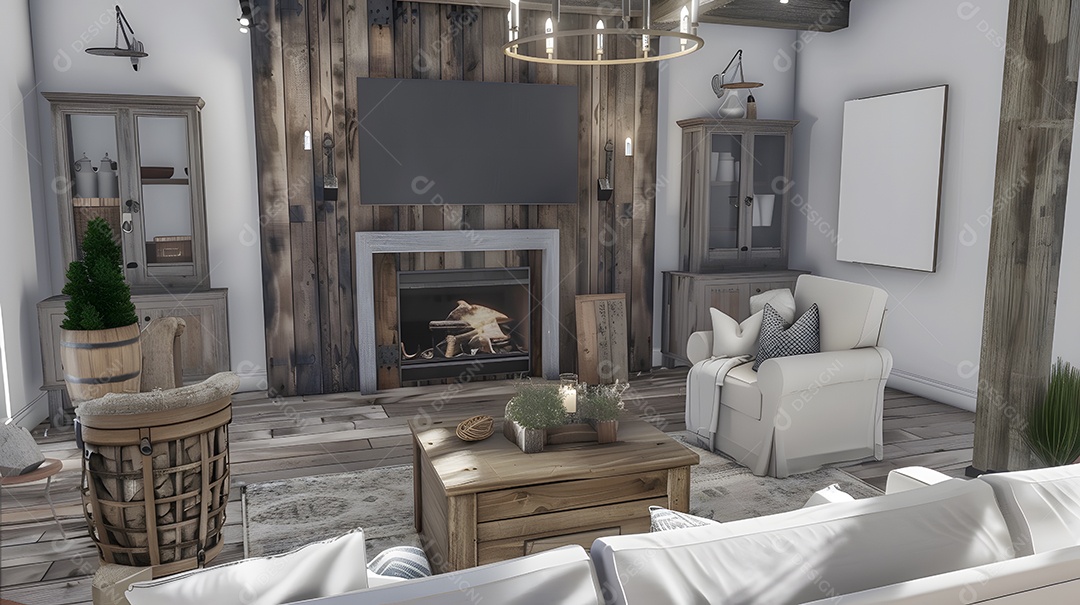 Sala de estar rústica de fazenda com detalhes em madeira recuperada e lareira aconchegante