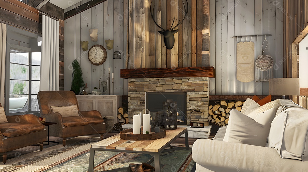 Sala de estar rústica de fazenda com detalhes em madeira recuperada e lareira aconchegante