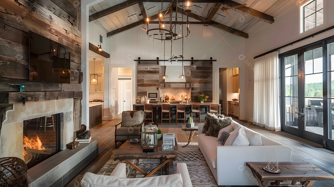 Sala de estar rústica de fazenda com detalhes em madeira recuperada e lareira aconchegante