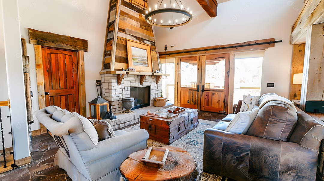 Sala de estar rústica de fazenda com detalhes em madeira recuperada e lareira aconchegante