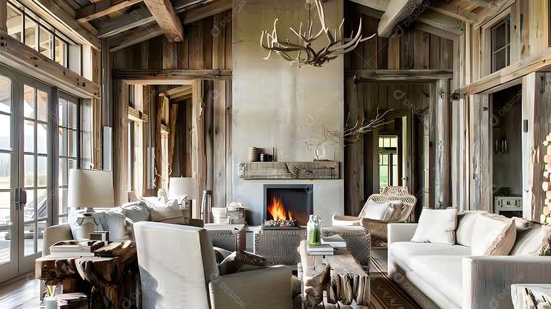 Sala de estar rústica de fazenda com detalhes em madeira recuperada e lareira aconchegante