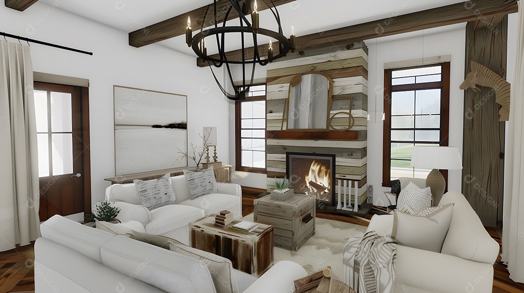 Sala de estar rústica de fazenda com detalhes em madeira recuperada e lareira aconchegante