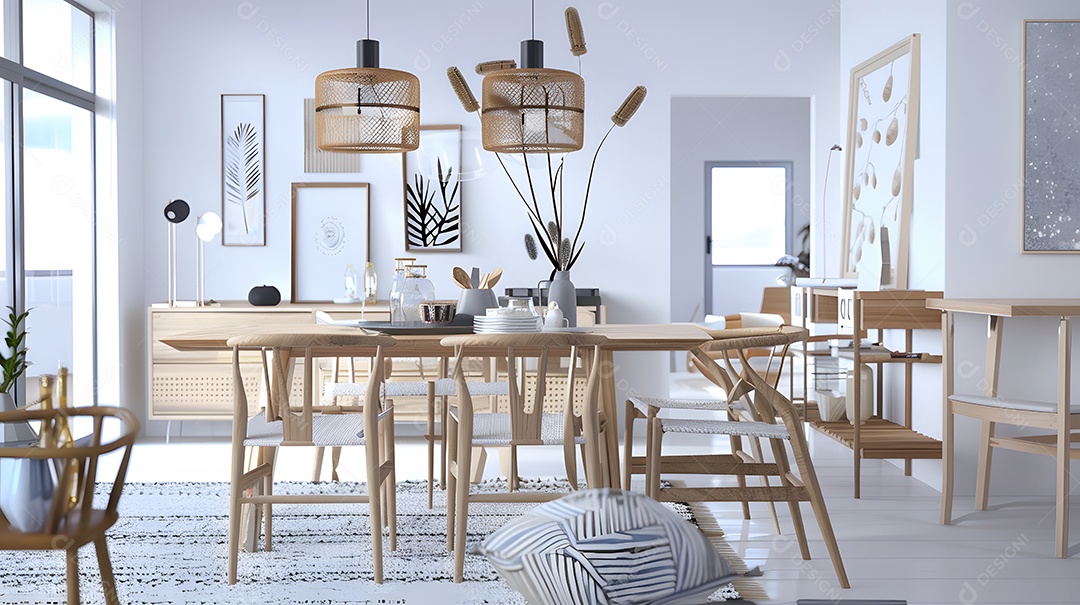 Sala de jantar de inspiração escandinava com linhas simples e móveis de madeira clara