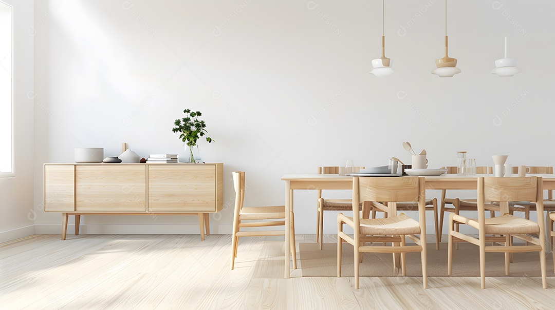 Sala de jantar de inspiração escandinava com linhas simples e móveis de madeira clara