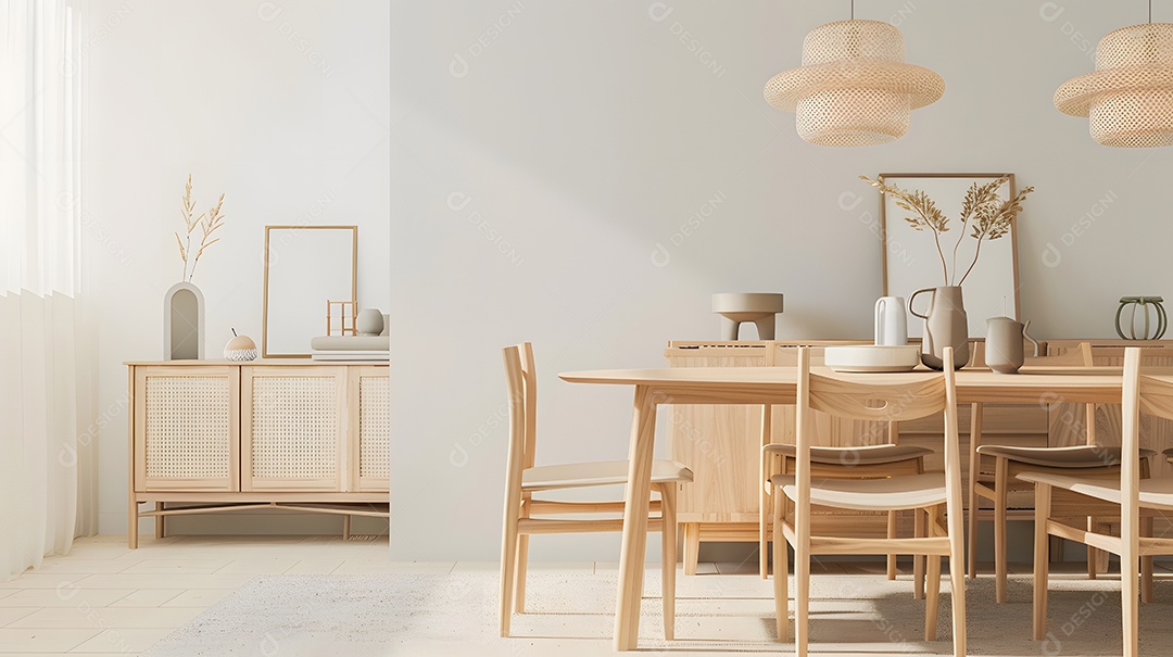 Sala de jantar de inspiração escandinava com linhas simples e móveis de madeira clara