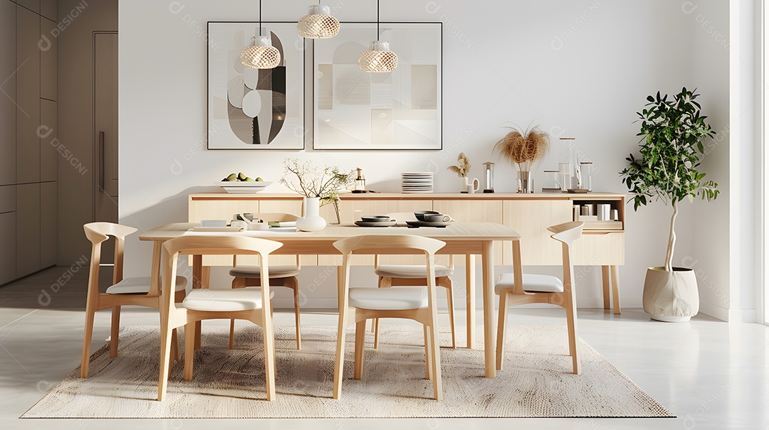 Sala de jantar de inspiração escandinava com linhas simples e móveis de madeira clara