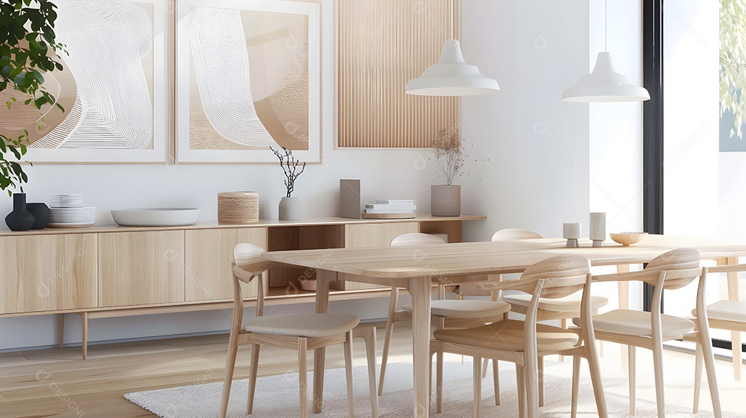 Sala de jantar de inspiração escandinava com linhas simples e móveis de madeira clara