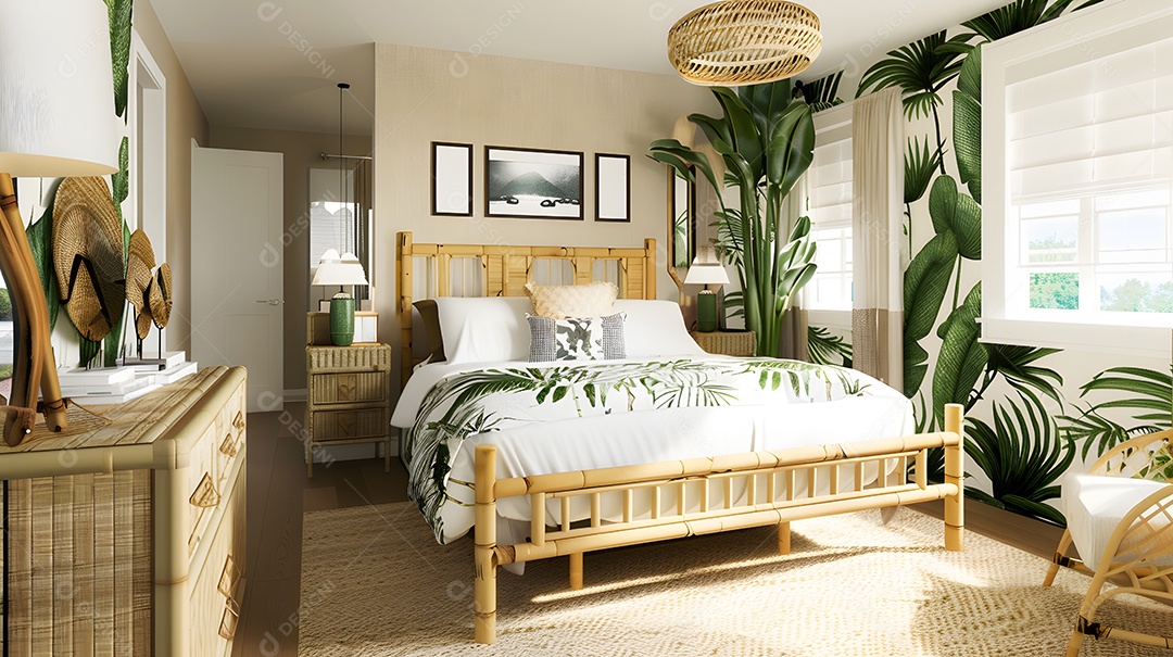 Quarto de inspiração tropical com móveis de bambu e estampas de folhas de palmeira
