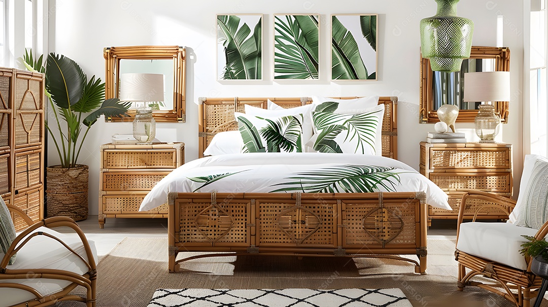 Quarto de inspiração tropical com móveis de bambu e estampas de folhas de palmeira