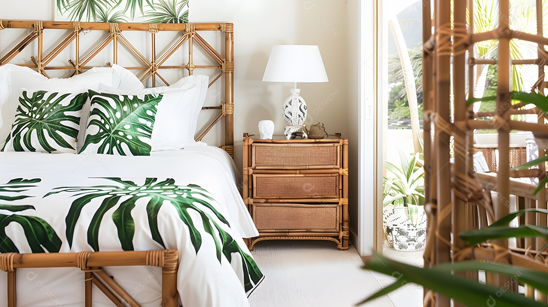 Quarto de inspiração tropical com móveis de bambu e estampas de folhas de palmeira