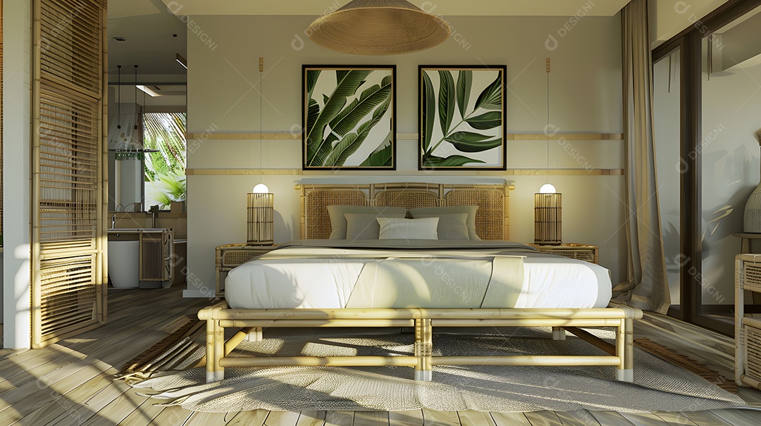 Quarto de inspiração tropical com móveis de bambu e estampas de folhas de palmeira