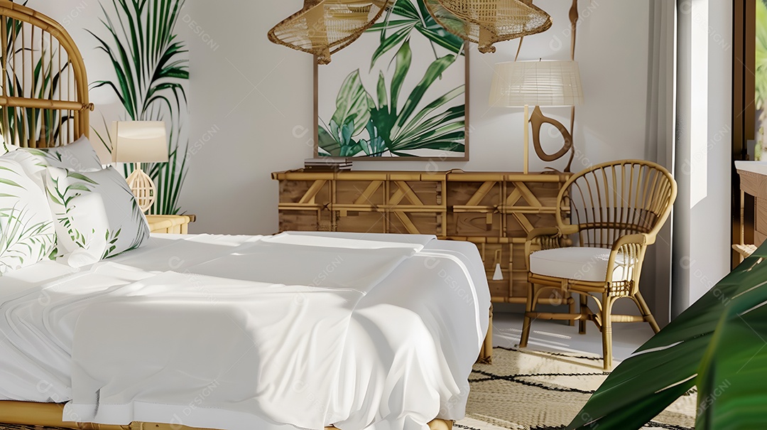 Quarto de inspiração tropical com móveis de bambu e estampas de folhas de palmeira