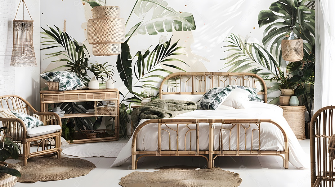 Quarto de inspiração tropical com móveis de bambu e estampas de folhas de palmeira