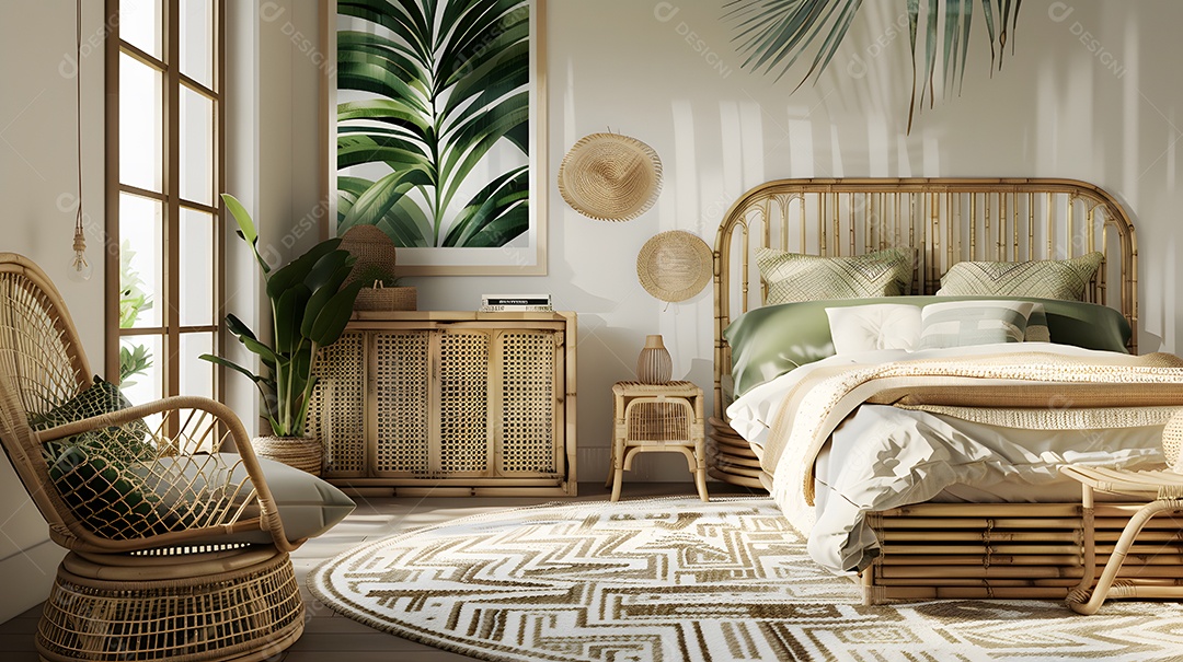 Quarto de inspiração tropical com móveis de bambu e estampas de folhas de palmeira