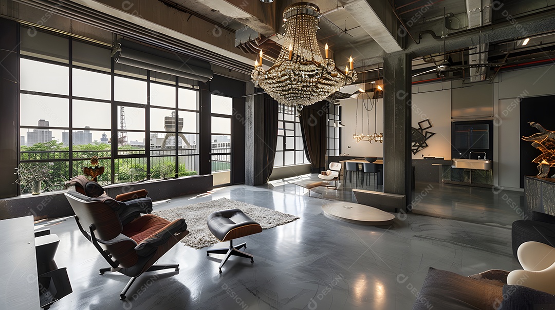 Loft urbano chique com piso de concreto e um lustre elegante