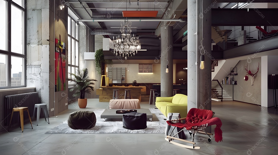 Loft urbano chique com piso de concreto e um lustre elegante