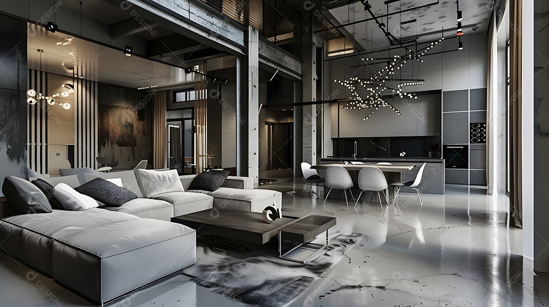 Loft urbano chique com piso de concreto e um lustre elegante