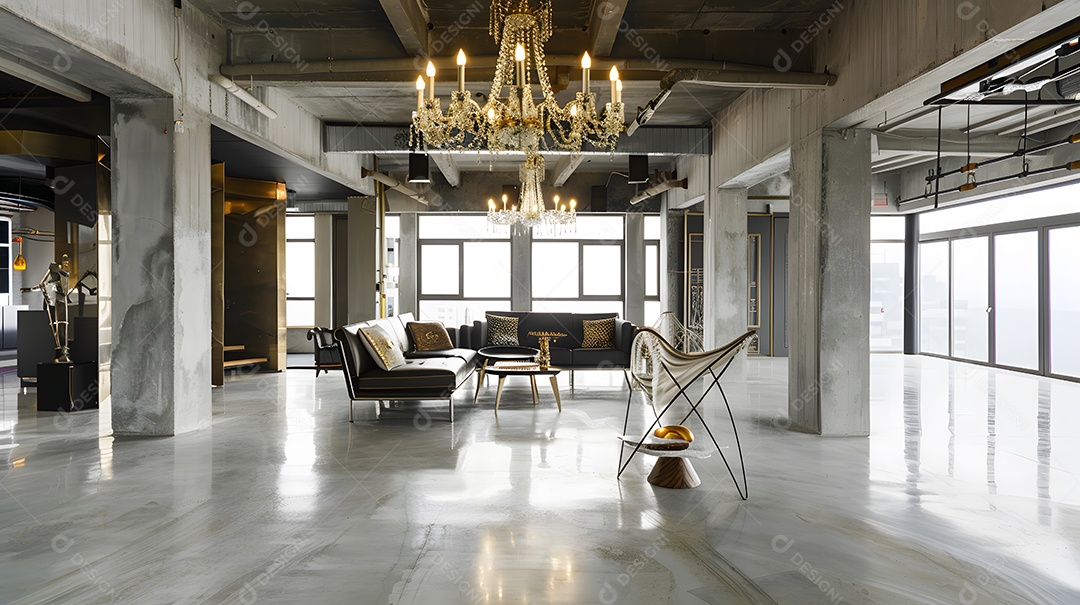 Loft urbano chique com piso de concreto e um lustre elegante