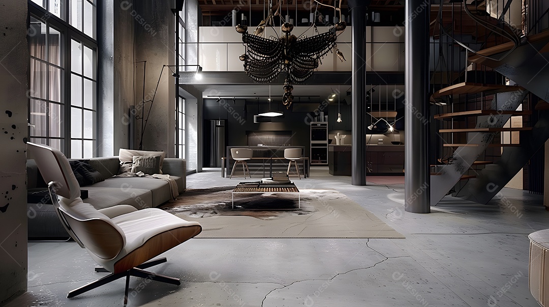 Loft urbano chique com piso de concreto e um lustre elegante