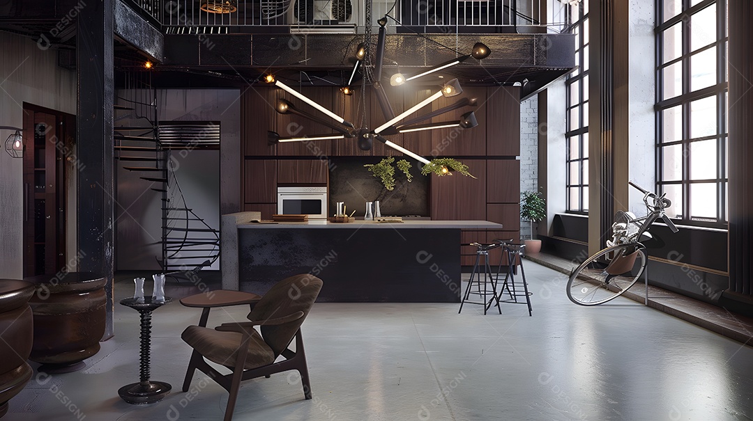Loft urbano chique com piso de concreto e um lustre elegante