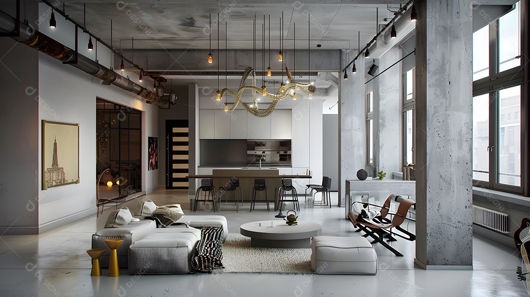 Loft urbano chique com piso de concreto e um lustre elegante