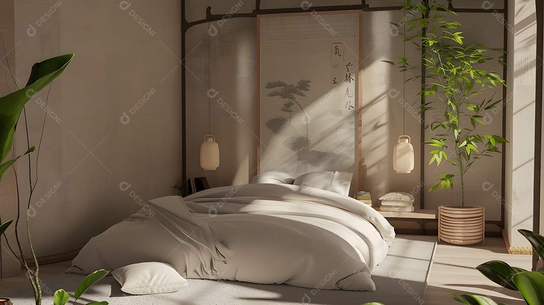 Quarto de inspiração Zen com paleta de cores neutras e decoração relaxante