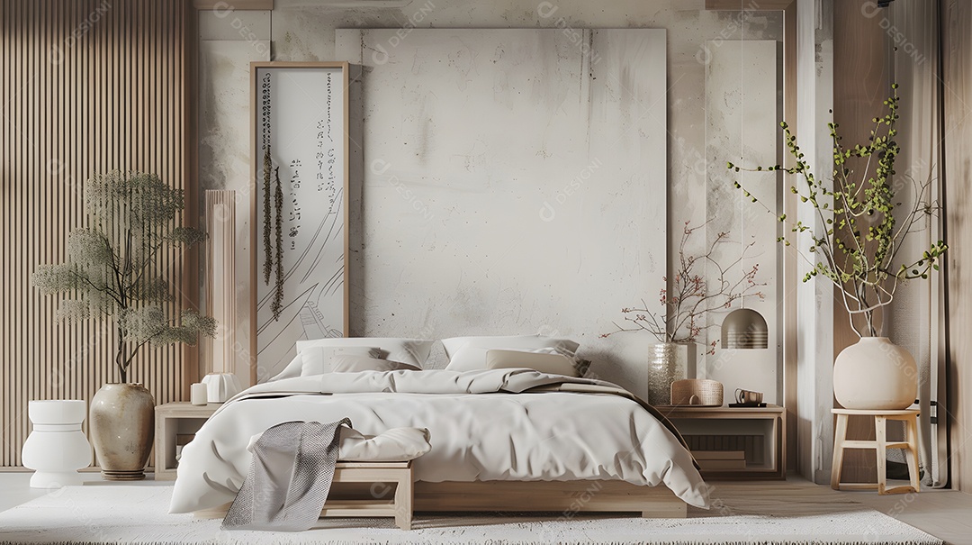 Quarto de inspiração Zen com paleta de cores neutras e decoração relaxante