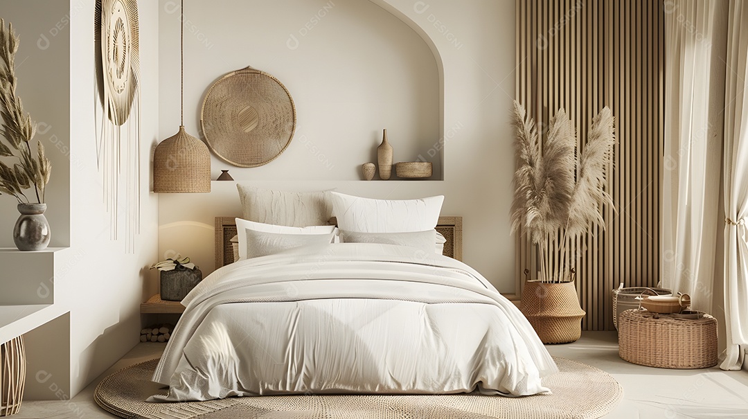 Quarto de inspiração Zen com paleta de cores neutras e decoração relaxante