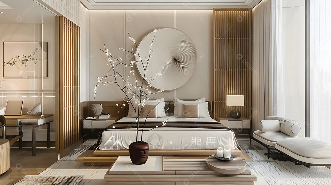 Quarto de inspiração Zen com paleta de cores neutras e decoração relaxante