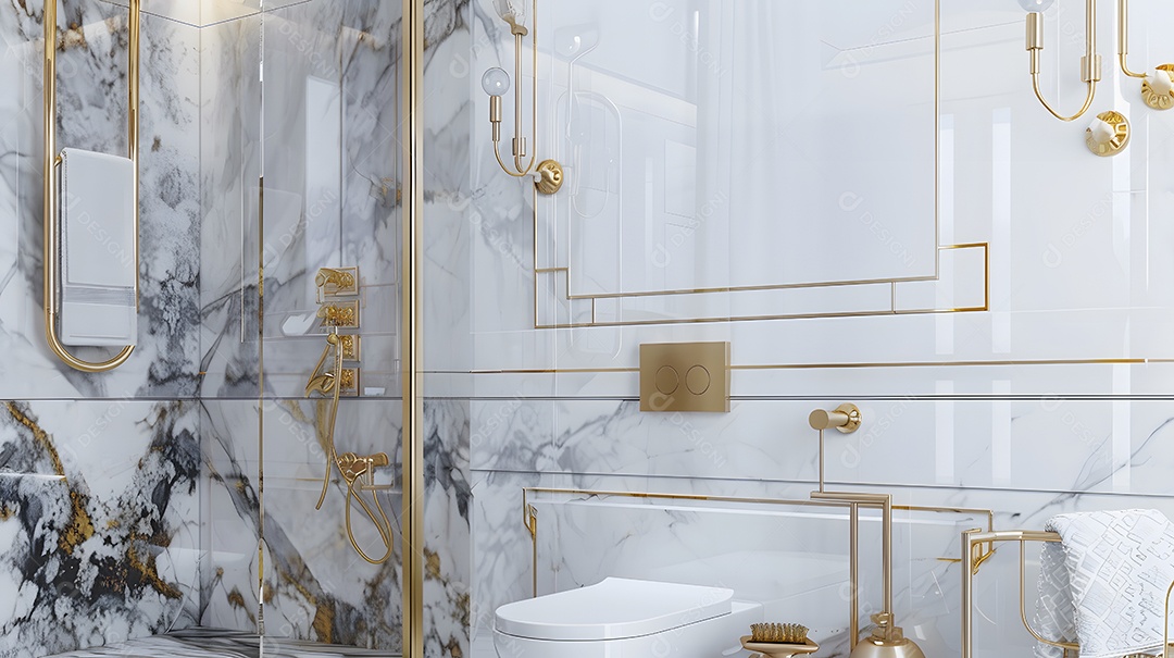 Banheiro em estilo Art Déco com detalhes em mármore e luminárias douradas