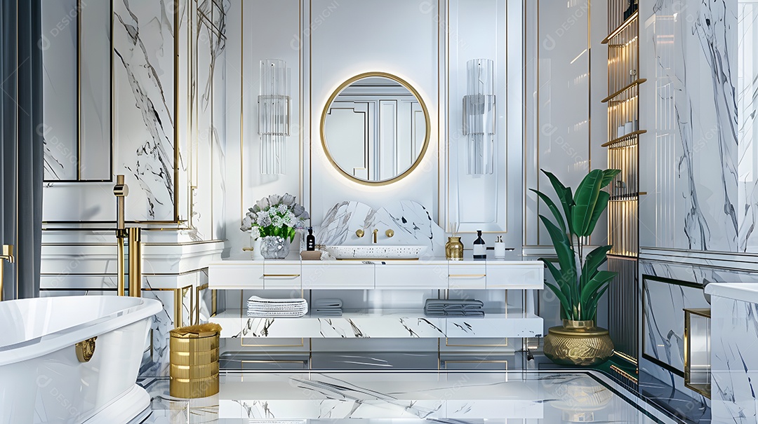 Banheiro em estilo Art Déco com detalhes em mármore e luminárias douradas