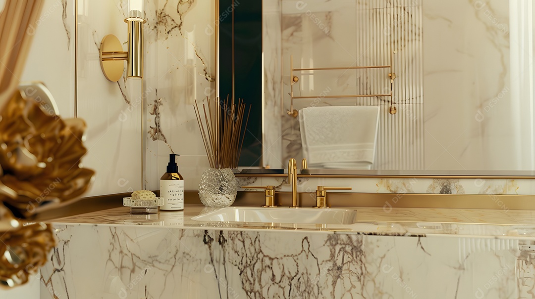 Banheiro em estilo Art Déco com detalhes em mármore e luminárias douradas