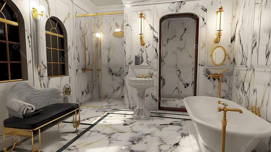 Banheiro em estilo Art Déco com detalhes em mármore e luminárias douradas