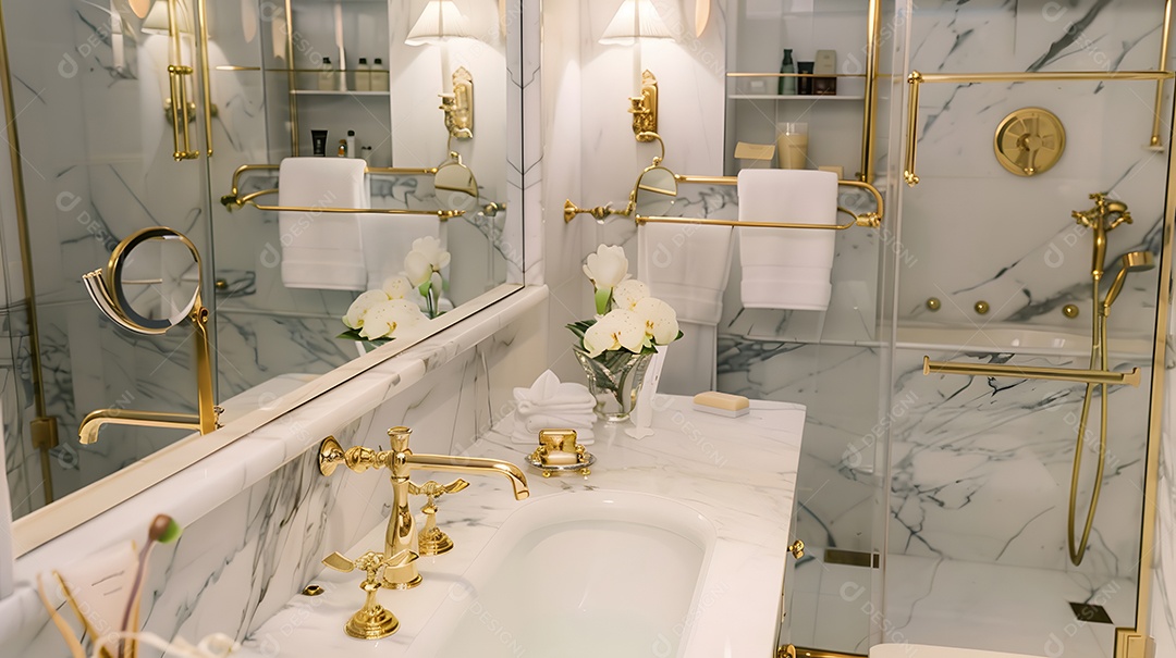 Banheiro em estilo Art Déco com detalhes em mármore e luminárias douradas