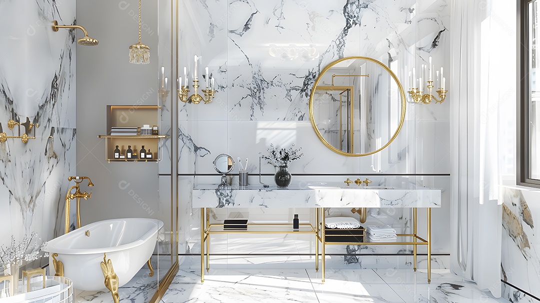 Banheiro em estilo Art Déco com detalhes em mármore e luminárias douradas