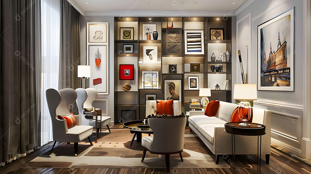 Sala de estar inspirada em galeria de arte parede de prateleiras para exibir obras de arte