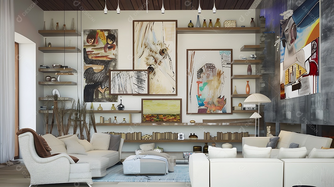 Sala de estar inspirada em galeria de arte parede de prateleiras para exibir obras de arte