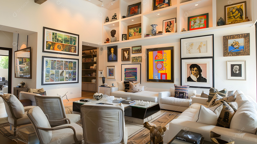 Sala de estar inspirada em galeria de arte parede de prateleiras para exibir obras de arte