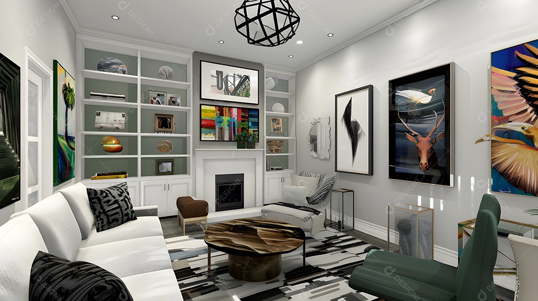 Sala de estar inspirada em galeria de arte parede de prateleiras para exibir obras de arte