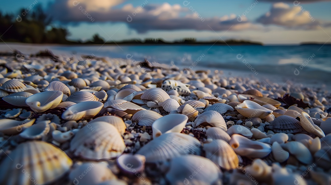 Conchas espalhadas ao longo da beira da água
