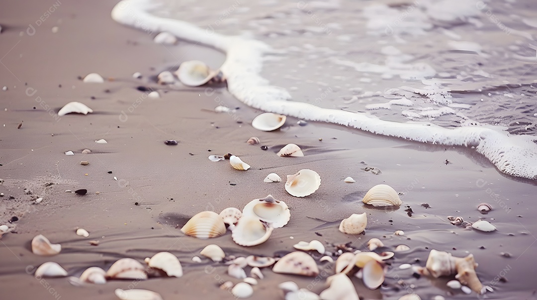 Conchas espalhadas ao longo da beira da água