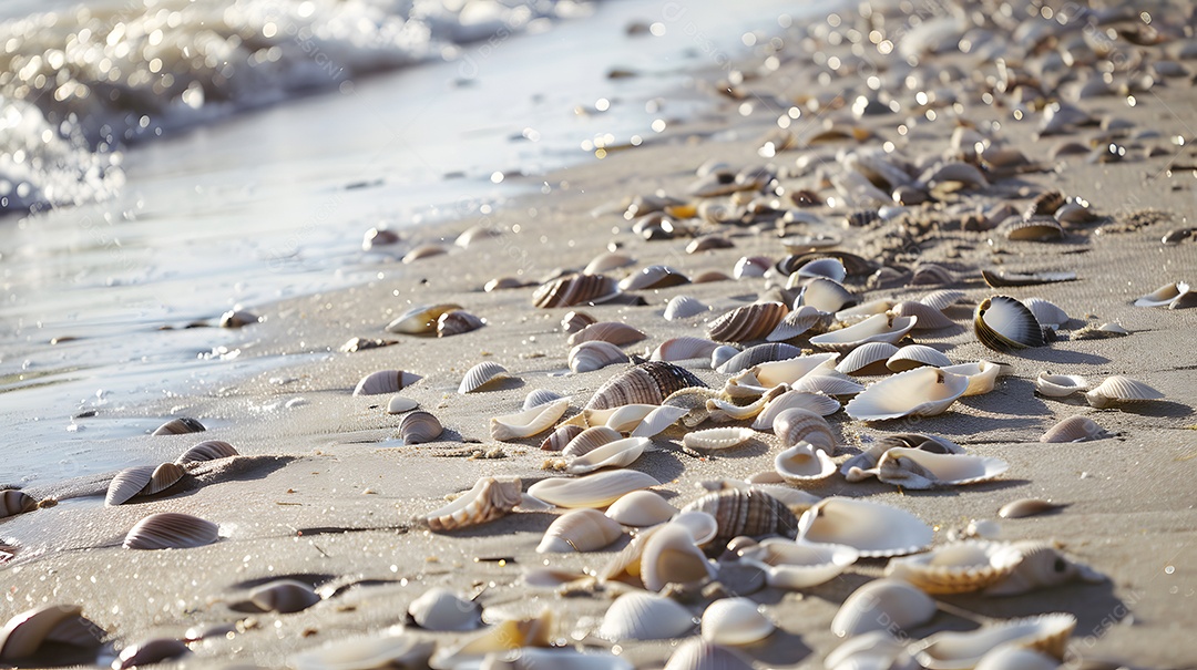Conchas espalhadas ao longo da beira da água