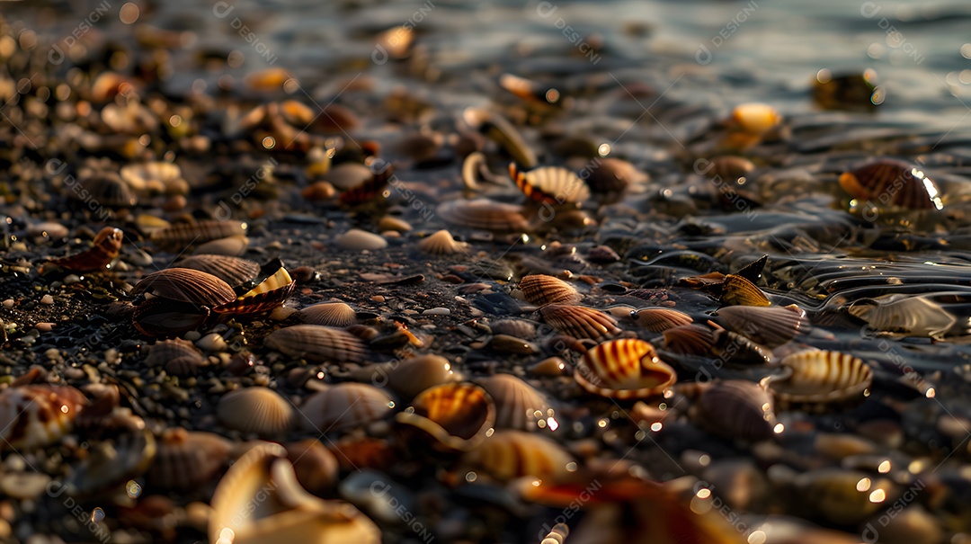 Conchas espalhadas ao longo da beira da água