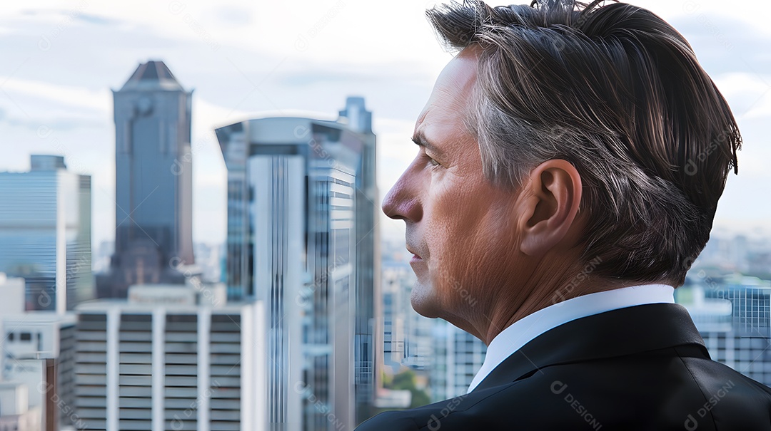 Um líder empresarial em um escritório alto olhando para o horizonte