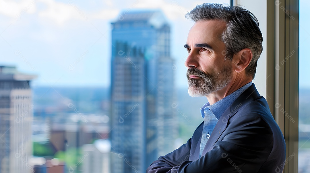 Um líder empresarial em um escritório alto, olhando para o horizonte